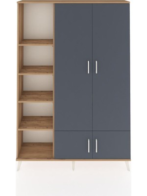 Dienni Arges Dolap 6 Raflı 4 Kapaklı Tek Askılı 132X30X195 Çam-Antrasit/çam