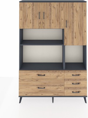 Dienni Arges Dolap 8 Raflı 5 Çekmeceli 3 Kapaklı 132X30X195 Antrasit-Çam/çam