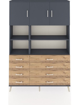 Dienni Arges Dolap 8 Raflı 8 Çekmeceli 3 Kapaklı 132X30X195 Antrasit-Antrasit/çam