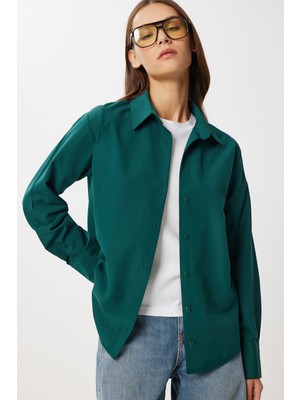 Happiness İstanbul Basic Dokuma Gömlek LUB0299 Zümrüt Yeşili