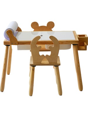 Wood & Joy & Doğal Ahşap Duyusal Çocuk Aktivite Masası Oyun Masası ve Çocuk Çalışma Masası 2 Sandalye Seti(Rulo Aparatı+Rulo Kağıdı+Kırtasiye Istasyonu)
