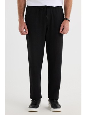 Tudors Erkek Standart Fit Normal Kesim Beli Bağcıklı Geniş Paça Siyah Pantolon