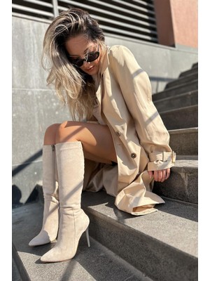 I Love Shoes Zynor Bej Süet Fermuarlı Lastikli Ince Yüksek Topuklu Kadın Çizme