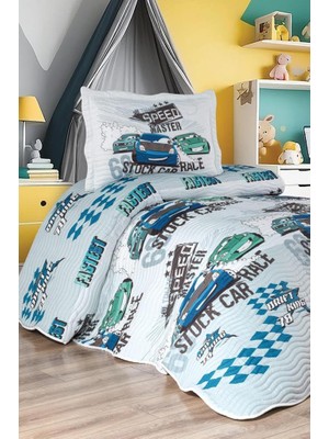 Çeyiz Diyarı Oto Show Baskılı Kapitoneli Tek Kişilik Yatak Örtüsü Mavi