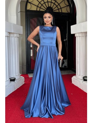 Giyimmasalı Saten Kumaş Sıfır Kol Abiye Elbise - Indigo Mavi