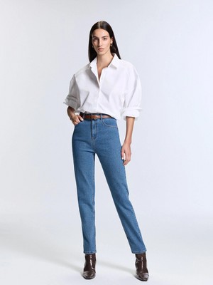 LC Waikiki Lcw Jeans Indigo Beli Kemerli Mom Fit Kadın Jean Pantolon