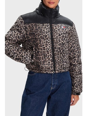 Tommy Jeans Leopar Desen Relaxed Fit Çıkarılabilir Kapüşonlu Şişme Mont Bayan Mont DW0DW21967 0hd