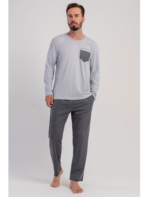 Vienetta Erkek Gri Renk Uzun Kollu Bisiklet Yaka Çizgili Alt Pijama Takımı C9T9N0305
