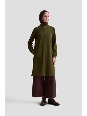 Armine Trend Kolları Ribanalı Yarım Fermuarlı Tunik Yağ Yeşili 25KT443