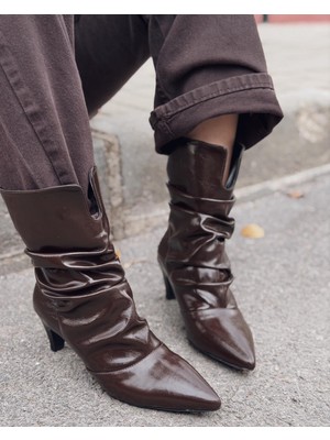 I Love Shoes Corlin Kadın Topuklu Körüklü Bot Acıkahve Kırışık Rugan