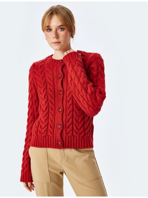 Koton Düğmeli Uzun Kollu Bisiklet Yaka Saç Örgü Kadın Hırka