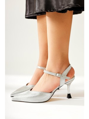 Limoya Pary Gümüş Sivri Burunlu Dokulu Kısa Topuklu Sandalet