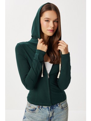 Happiness İstanbul Kapüşonlu Fermuarlı Örme Sweatshirt LUB0294 Zümrüt Yeşili