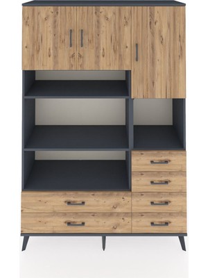 Dienni Hyperion Dolap 9 Raflı 6 Çekmeceli 3 Kapaklı 132X44X195 Antrasit-Çam/çam