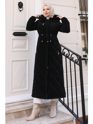 Fermuarlı Kapşonlu Kapitone Mont Siyah 19277