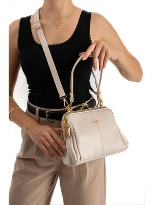 Asel Çanta, Klipsli, Çok Gözlü ,yumuşak Deri,Krem bayan Omuz ve Çapraz Çantası