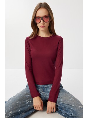 Happiness İstanbul Basic Fitilli Örme Bluz LUB0296 Bordo