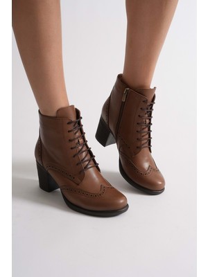 Analin Shoes Kadın Hakiki Deri Lazer Detaylı Bağcıklı Bot - Ceviz