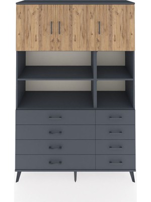 Dienni Hyperion Dolap 8 Raflı 8 Çekmeceli 3 Kapaklı 132X44X195 Antrasit-Çam/antrasit