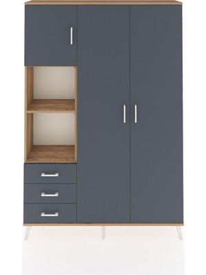 Dienni Arges Dolap 6 Raflı 3 Çekmeceli Tek Askılı 132X30X195 Çam-Antrasit/antrasit