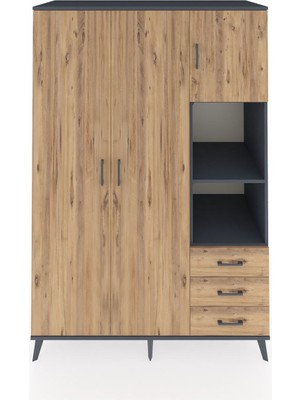 Dienni Kronos Dolap 5 Raflı 3 Çekmeceli Tek Askılı 132X59X195 Antrasit-Çam/çam