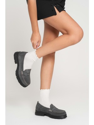 Analin Shoes Kadın Hakiki Deri Light Tabanlı Saraçlı Rahat Loafer Ayakkabı - Gri Süet
