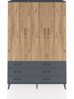 Dienni Hyperion Dolap 5 Raflı 6 Çekmeceli Tek Askılı 132X44X195 Antrasit-Çam/antrasit