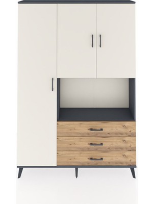 Dienni Arges Dolap 6 Raflı 3 Çekmeceli 3 Kapaklı 132X30X195 Antrasit-Aytaşı/çam