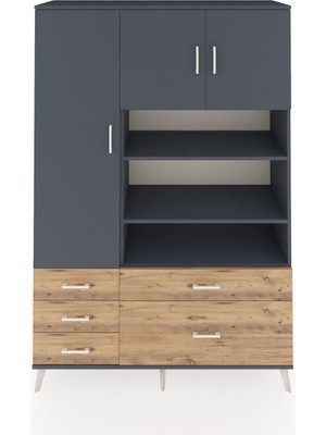 Dienni Hyperion Dolap 9 Raflı 5 Çekmeceli 3 Kapaklı 132X44X195 Antrasit-Antrasit/çam