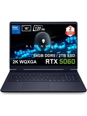 Dell Alienware 16 Aurora Intel Core 7-240H 64GB DDR5 2TB SSD RTX5060 8GB 16 inç 2K WQXGA 120Hz WVA Ubuntu Gaming Laptop (AC16250-C71615U56Nv5) – 2 Yıl Yerinde Servis Garantisi