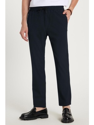 Tudors Erkek Slim Fit Dar Kesim Pamuklu Lastikli Beli Bağcıklı Lacivert Pantolon