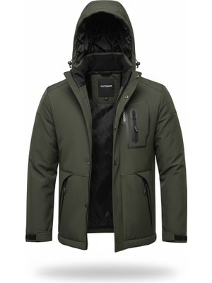 Mero Life Outdoor Kapüşonlu Su ve Rüzgar Geçirmez Kapitone Içi Kürklü Elyaf Dolgulu Şişme Haki Softshell Mont