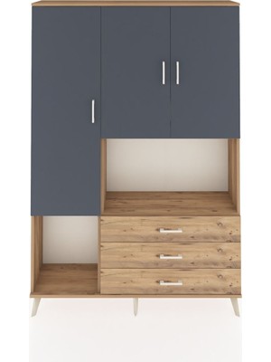 Dienni Arges Dolap 6 Raflı 3 Çekmeceli 3 Kapaklı 132X30X195 Çam-Antrasit/çam