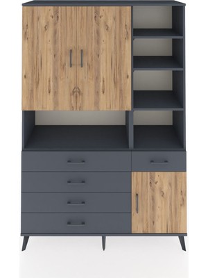 Dienni Hyperion Dolap 8 Raflı 5 Çekmeceli 3 Kapaklı 132X44X195 Antrasit-Çam/antrasit