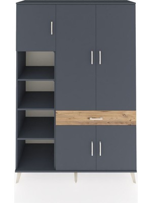 Dienni Hyperion Dolap 8 Raflı Tek Çekmeceli 5 Kapaklı 132X44X195 Antrasit-Antrasit/çam