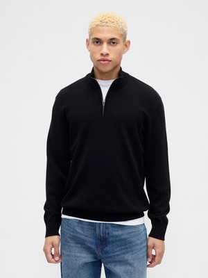 Gap Erkek Siyah Relaxed Yarım Fermuarlı Mockneck Kazak