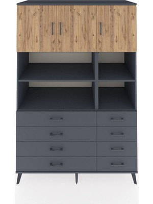 Dienni Kronos Dolap 8 Raflı 8 Çekmeceli 3 Kapaklı 132X59X195 Antrasit-Çam/antrasit