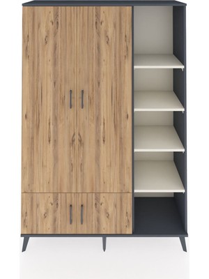 Dienni Hyperion Dolap 6 Raflı 4 Kapaklı Tek Askılı 132X44X195 Antrasit-Çam/aytaşı