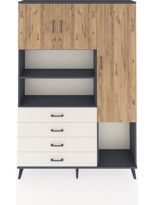 Dienni Arges Dolap 8 Raflı 4 Çekmeceli 3 Kapaklı 132X30X195 Antrasit-Çam/aytaşı