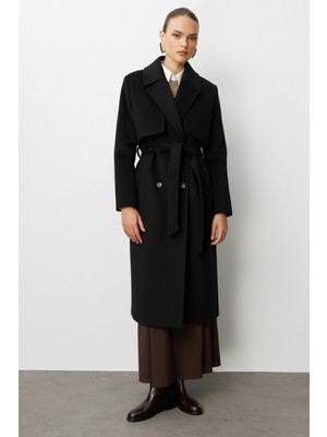 Mizalle Yünlü Kaşe Dokulu Siyah  Uzun Trençkot Kaban