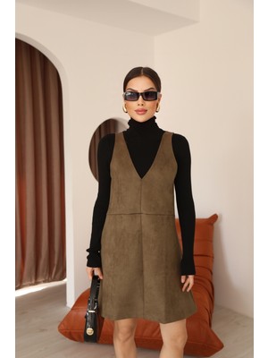 Moviment Haki Süet V Yaka Diz Üstü Panel Detaylı Kadın Elbise