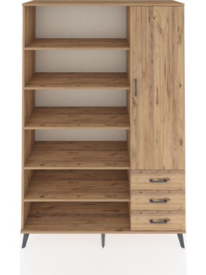 Dienni Hyperion Dolap 9 Raflı 3 Çekmeceli Tek Kapaklı  132X44X195 Çam-Çam/çam