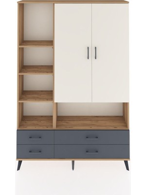 Dienni Arges Dolap 8 Raflı 4 Çekmeceli 2 Kapaklı 132X30X195 Çam-Aytaşı/antrasit