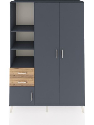 Dienni Hyperion Dolap 5 Raflı 2 Çekmeceli Tek Askılı 132X44X195 Antrasit-Antrasit/çam