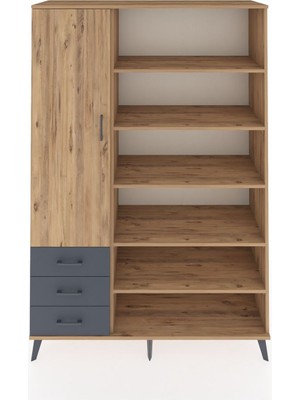 Dienni Hyperion Dolap 9 Raflı 3 Çekmeceli 3 Kapaklı 132X44X195 Çam-Çam/antrasit