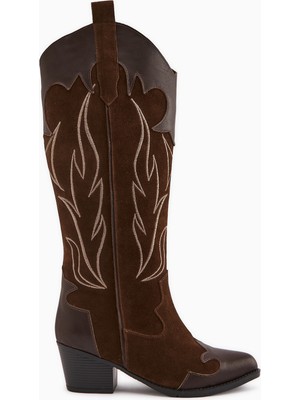 Limoya Lara Hakiki Deri Kahve Süet Nakışlı Deri Detaylı Topuklu Western Çizme