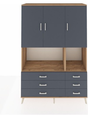 Dienni Hyperion Dolap 6 Raflı 6 Çekmeceli 3 Kapaklı 132X44X195 Çam-Antrasit/antrasit