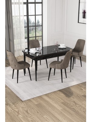 Baresmu Nice Siyah Mermer Desen 80X132 Açılabilir Mdf Masa Yemek Odası Takımı, Mutfak Takımı 4 Adet Sandalye