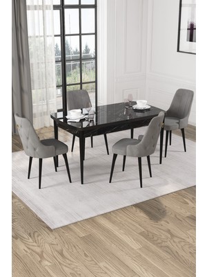 Baresmu Nice Siyah Mermer Desen 80X132 Açılabilir Mdf Masa Yemek Odası Takımı, Mutfak Takımı 4 Adet Sandalye