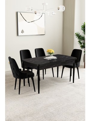 Baresmu Nice Siyah Mermer Desen 80X132 Açılabilir Mdf Masa Yemek Odası Takımı, Mutfak Takımı 4 Adet Sandalye